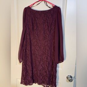 Jessica Howard Knee High Lace dress with see thru long sleeves. Plum color, 12